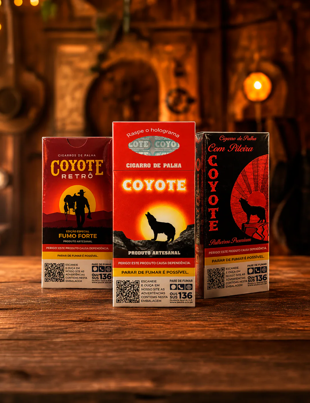 Embalagens de cigarros de palha COYOTE — linhas Tradicional, Premium e Retrô