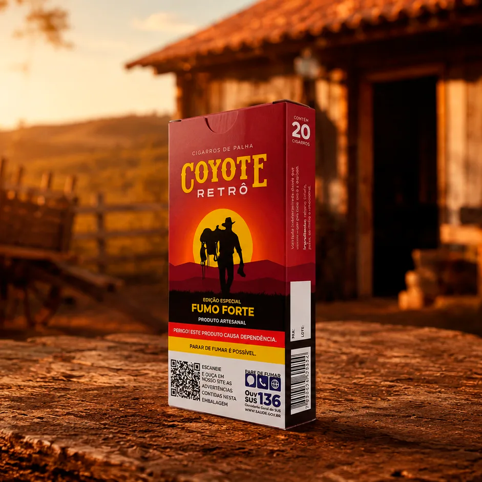 Embalagem COYOTE Retrô com advertências sanitárias visíveis